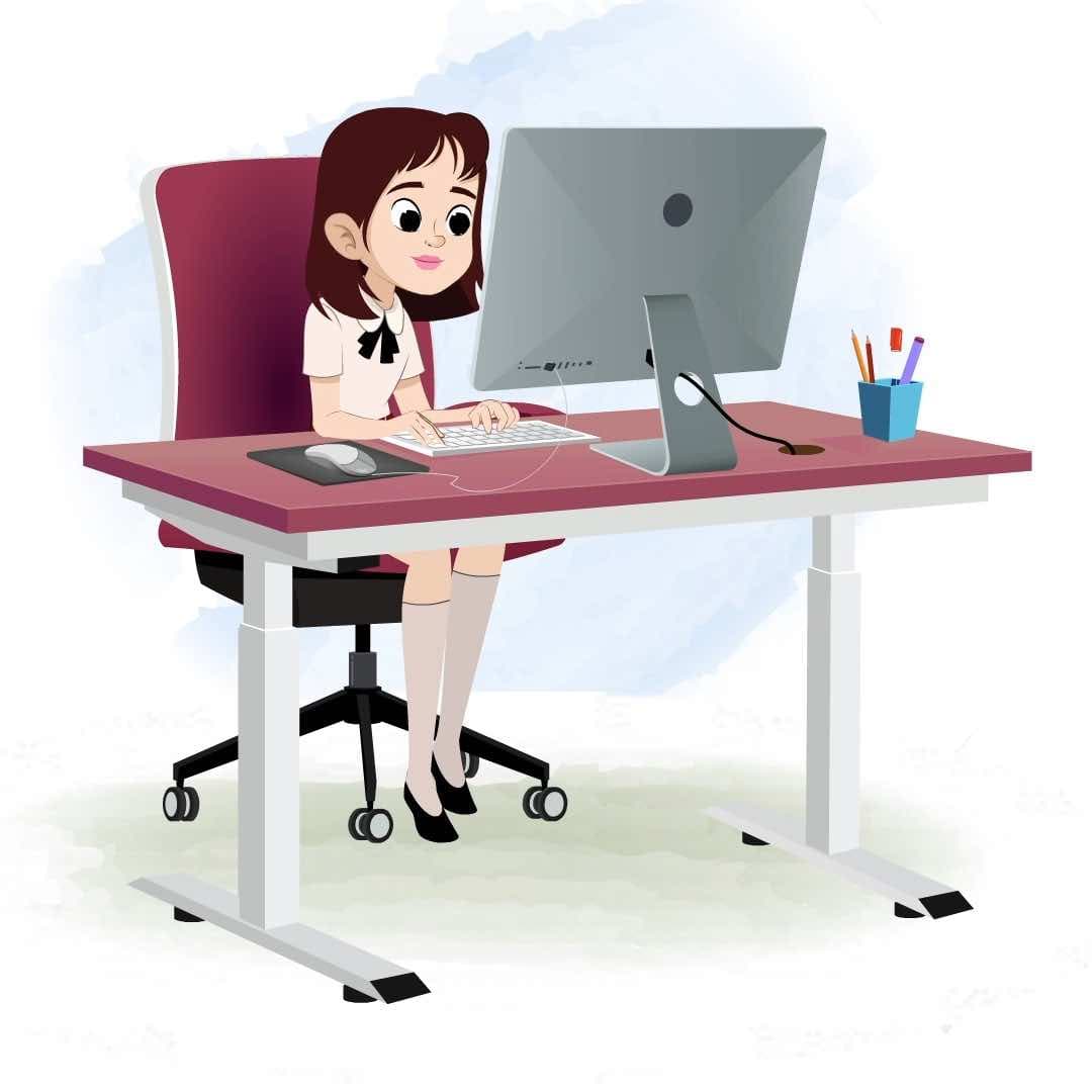 A skinny girl animated cartoon character working on a computer aka rax