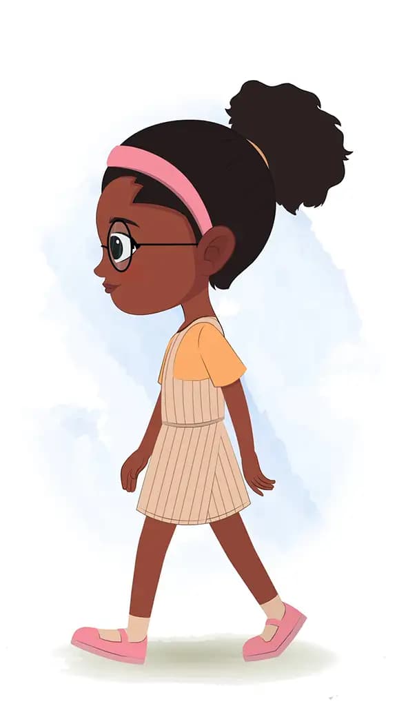 A cute black girl walking side view animated cartoon character aka lara