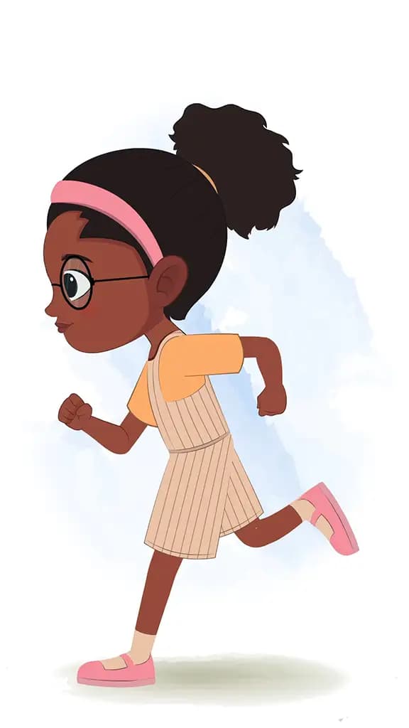 A cute black girl running fast side view animated cartoon character aka lara