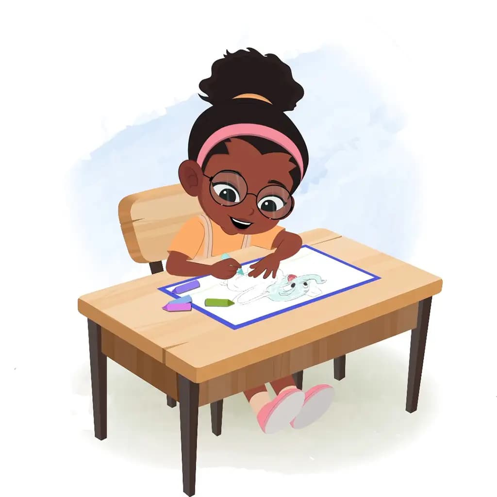 A cute black girl is sitting at a table with some crayons and coloring on the paper aka lara