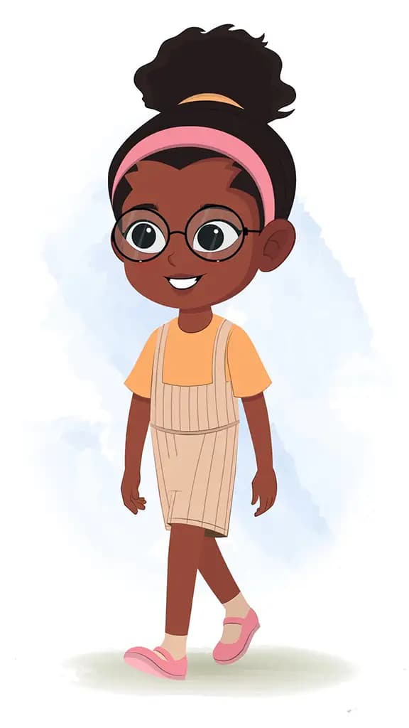 A cute black girl 3/4 front view/three quarter view walking animated cartoon character aka lara 3/4