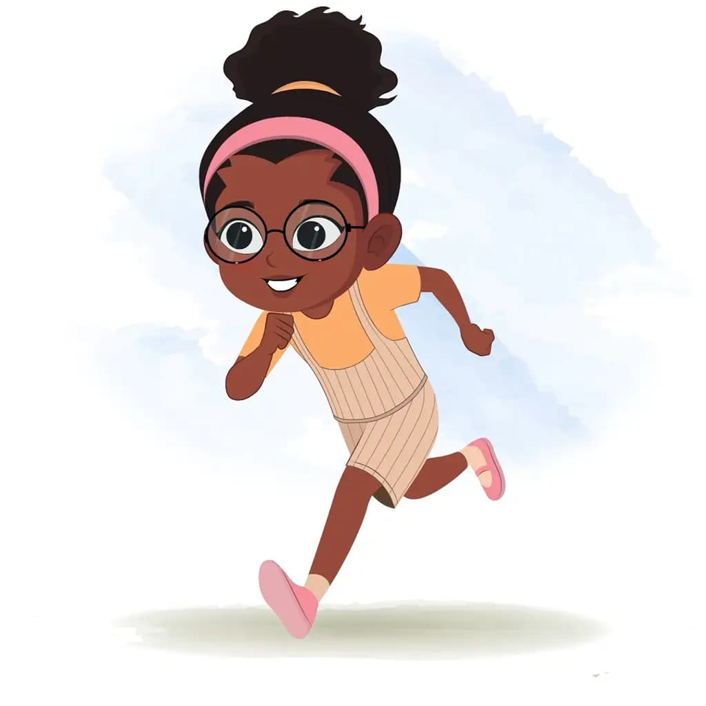 A cute black girl running three quarter view animated cartoon character aka lara
