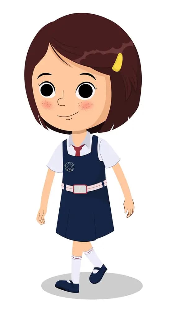 A little school girl 3/4 front view/three quarter view walking animated cartoon character aka misti
