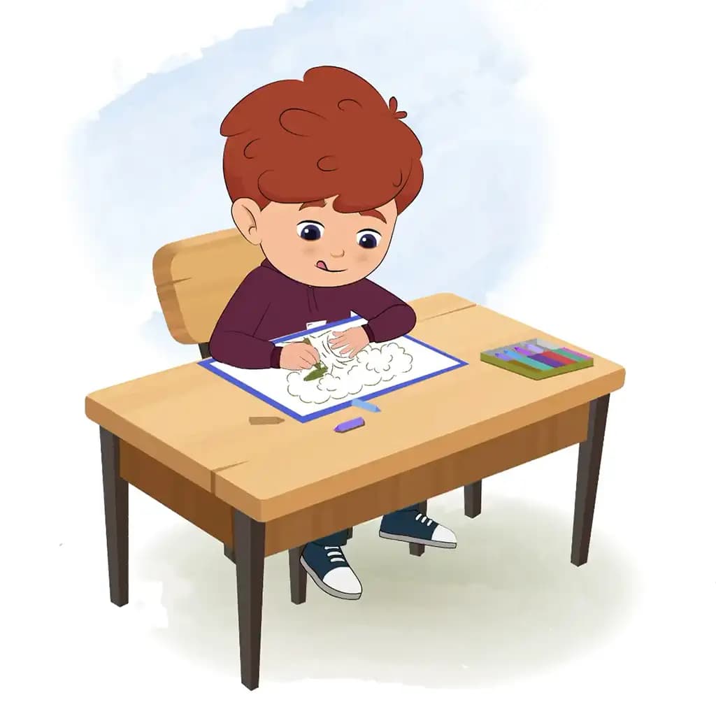 A red hair boy is sitting at a table with some crayons and colouring on the paper aka sunny