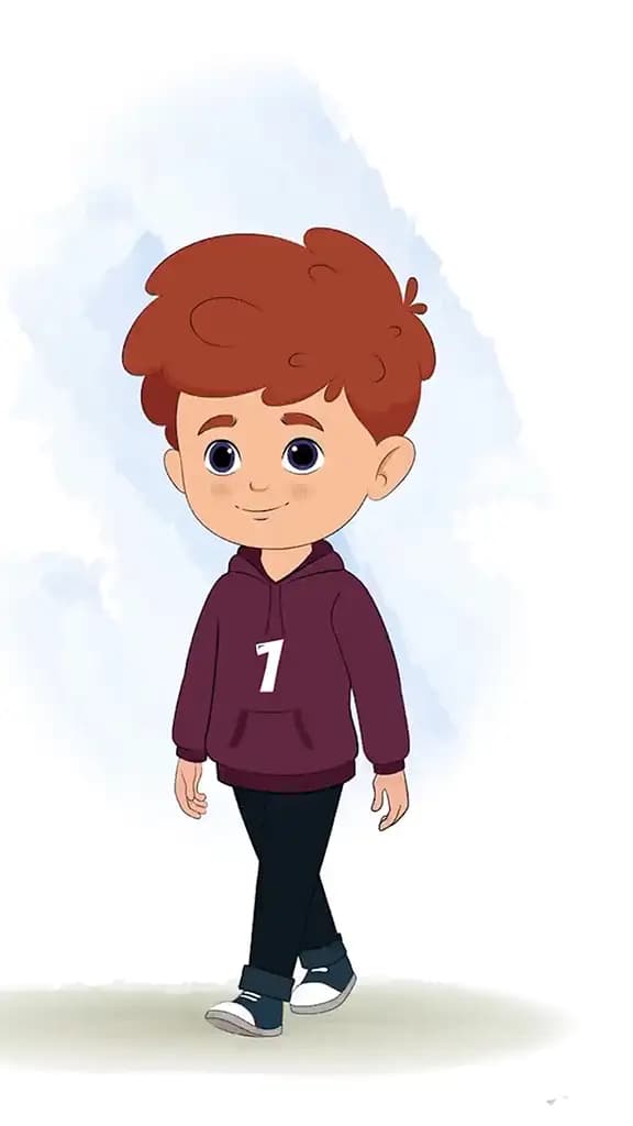 A red hair boy 3/4 front view/three quarter view walking animated cartoon character aka sunny