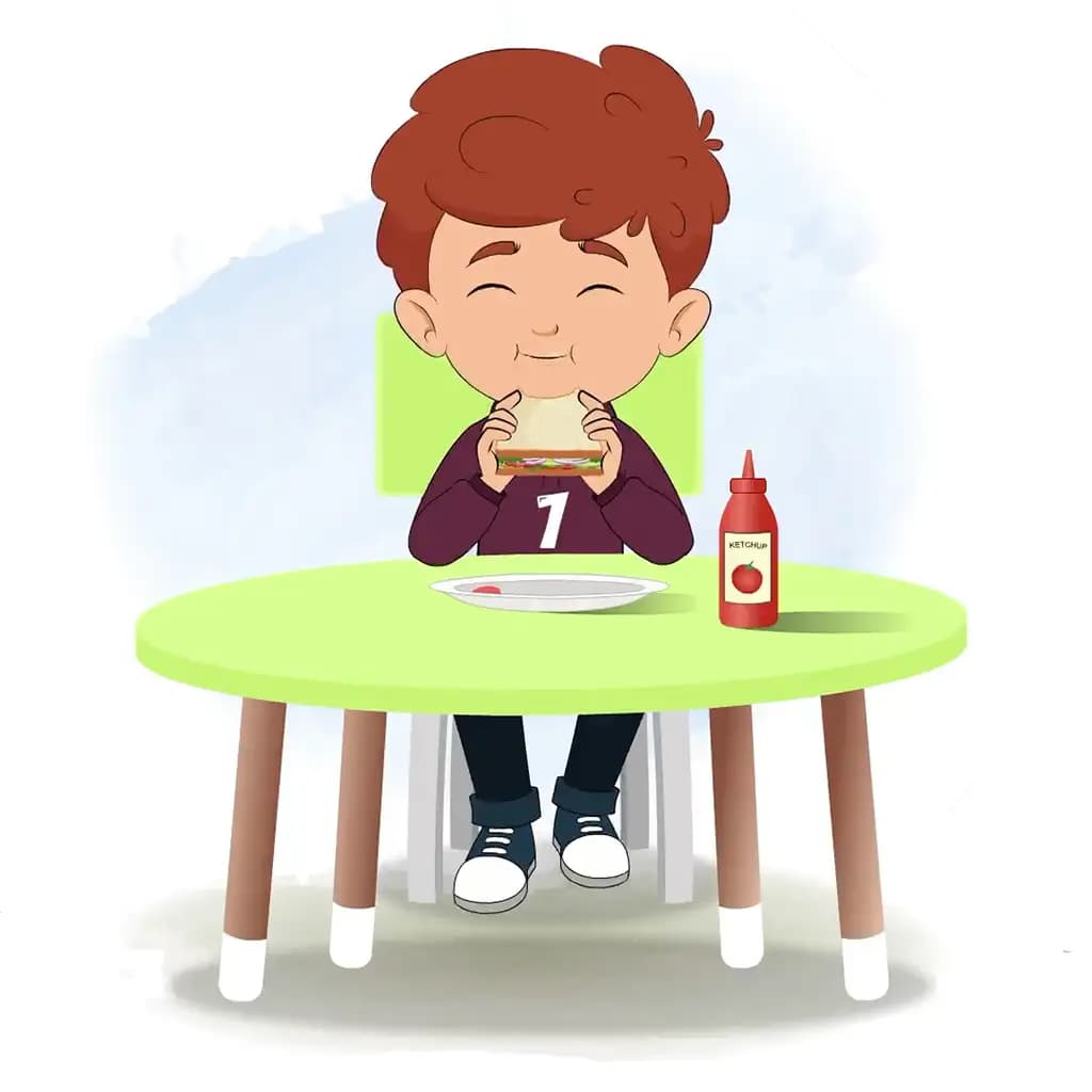 A red hair boy animated cartoon character sitting at a table and eating a sandwich aka sunny