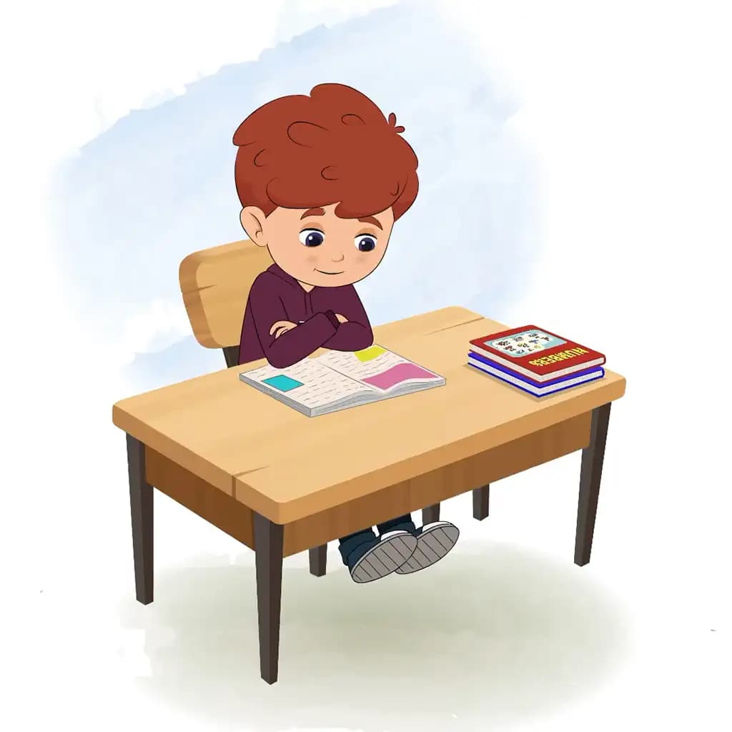 A red hair boy reading a book and sitting on the table animated cartoon character aka sunny