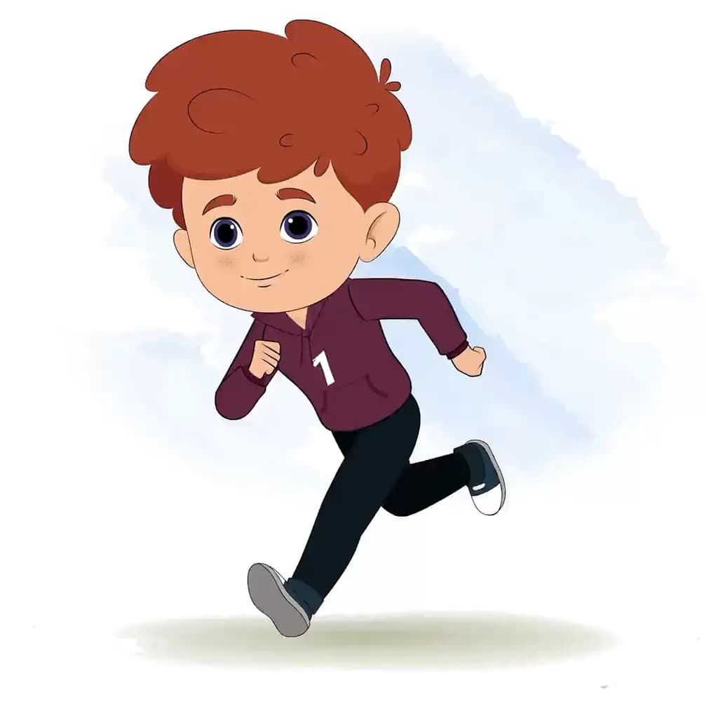 A red hair boy running three quarter view animated cartoon character aka sunny