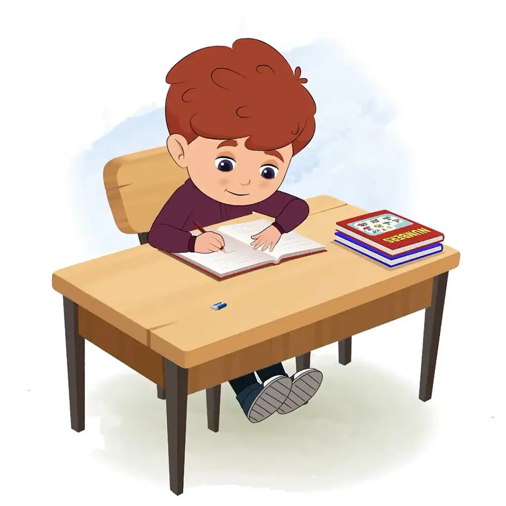 A red hair boy doing homework and sitting on the table animated cartoon character aka sunny
