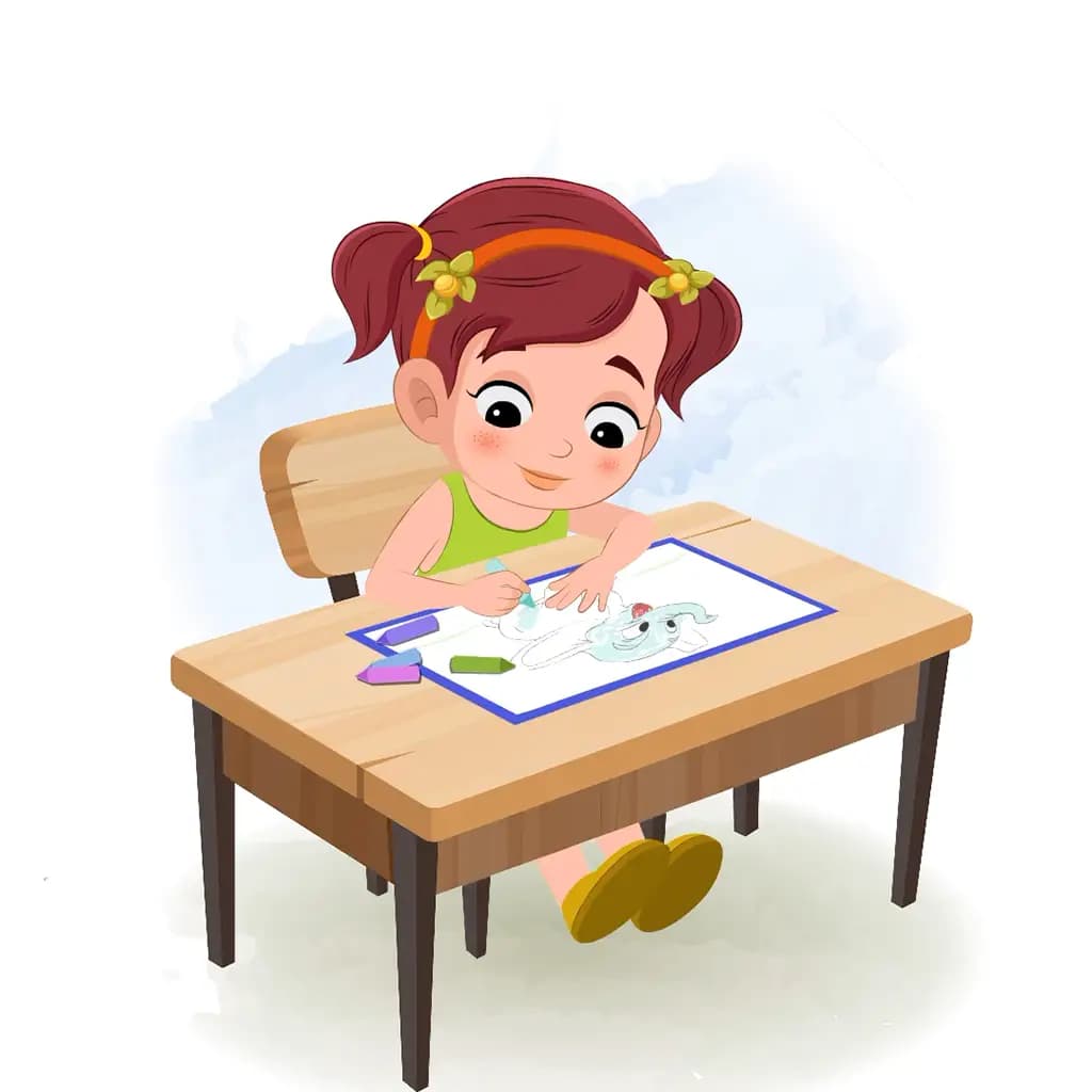 A cute red hair girl is sitting at a table with some crayons and coloring on the paper aka naina