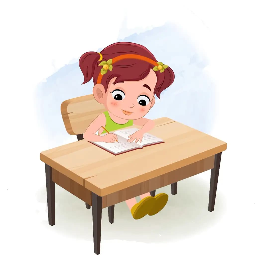 A cute red hair girl doing homework and sitting on the table animated cartoon character aka naina