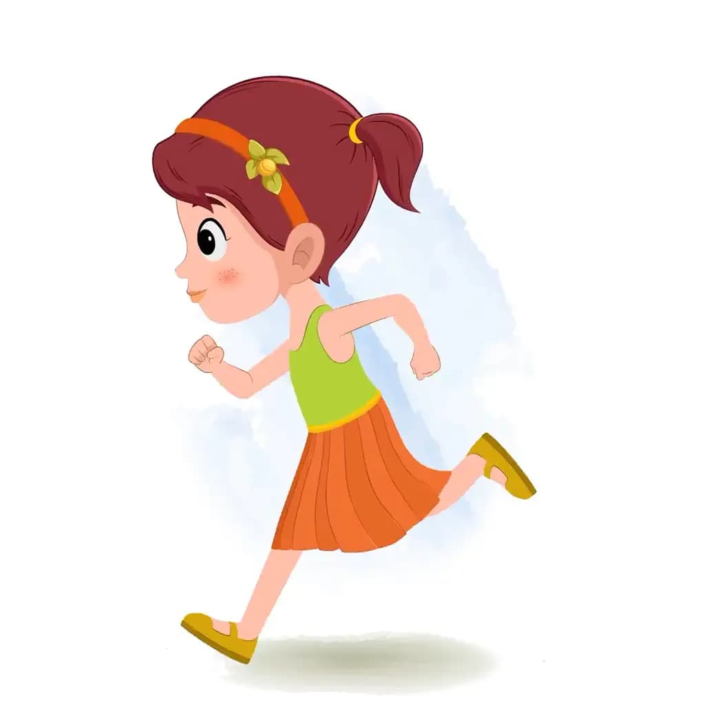 A little school girl running fast side view animated cartoon character aka naina