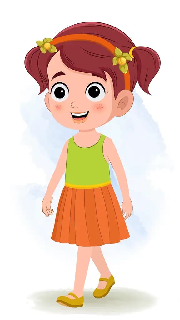A little school girl 3/4 front view/three quarter view walking animated cartoon character aka naina