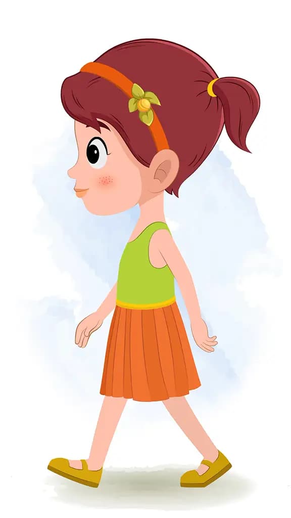 A cute red hair girl walking side view animated cartoon character aka naina