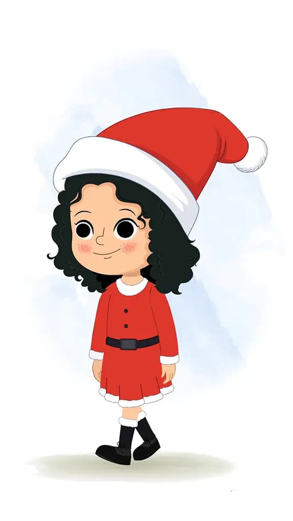A christmas girl 3/4 front view/three quarter view walking animated cartoon character aka tina
