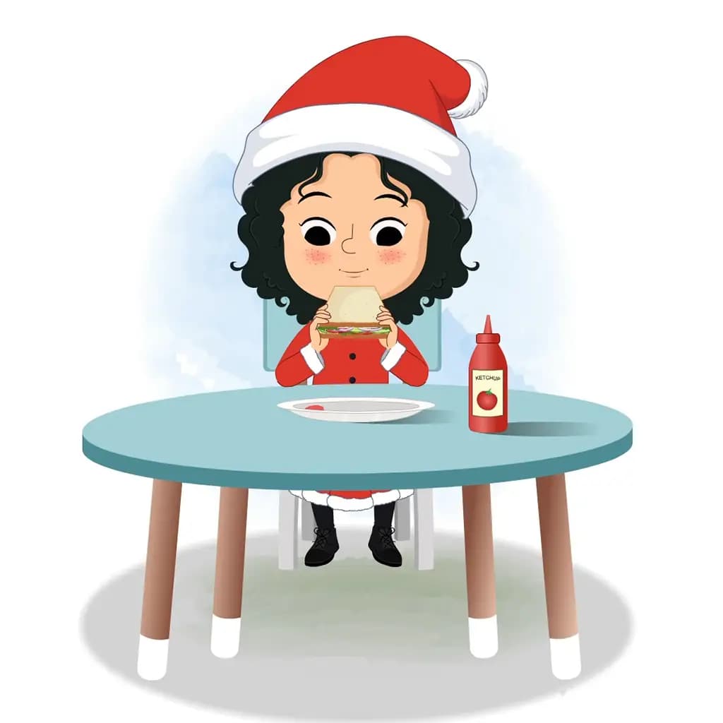 A christmas girl animated cartoon character sitting at a table and eating a sandwich aka tina