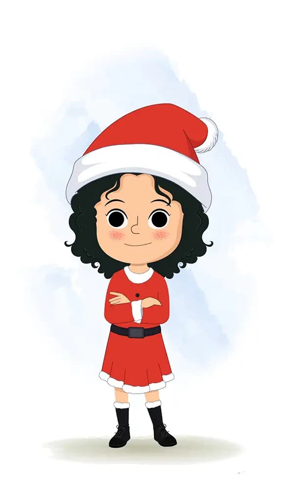 A christmas girl standing with cross hand and talking animated cartoon character aka tina
