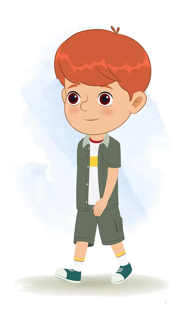 A little boy 3/4 front view/three quarter view walking animated cartoon character aka max 3/4
