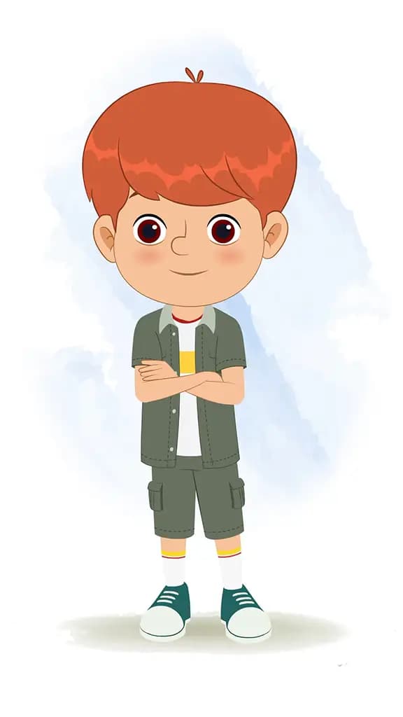 A little boy standing with cross hand and talking animated cartoon character aka max