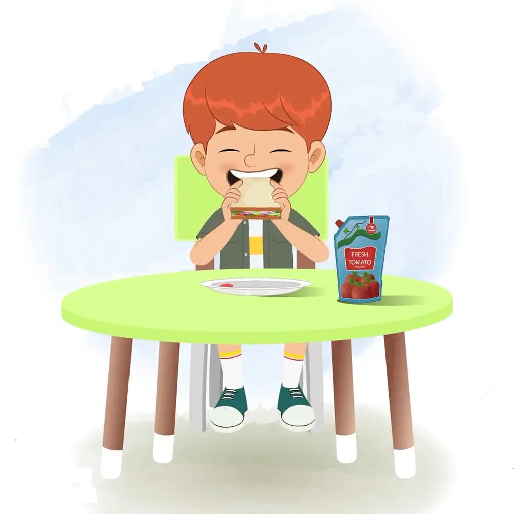 A little boy animated cartoon character sitting at a table and eating a sandwich aka max