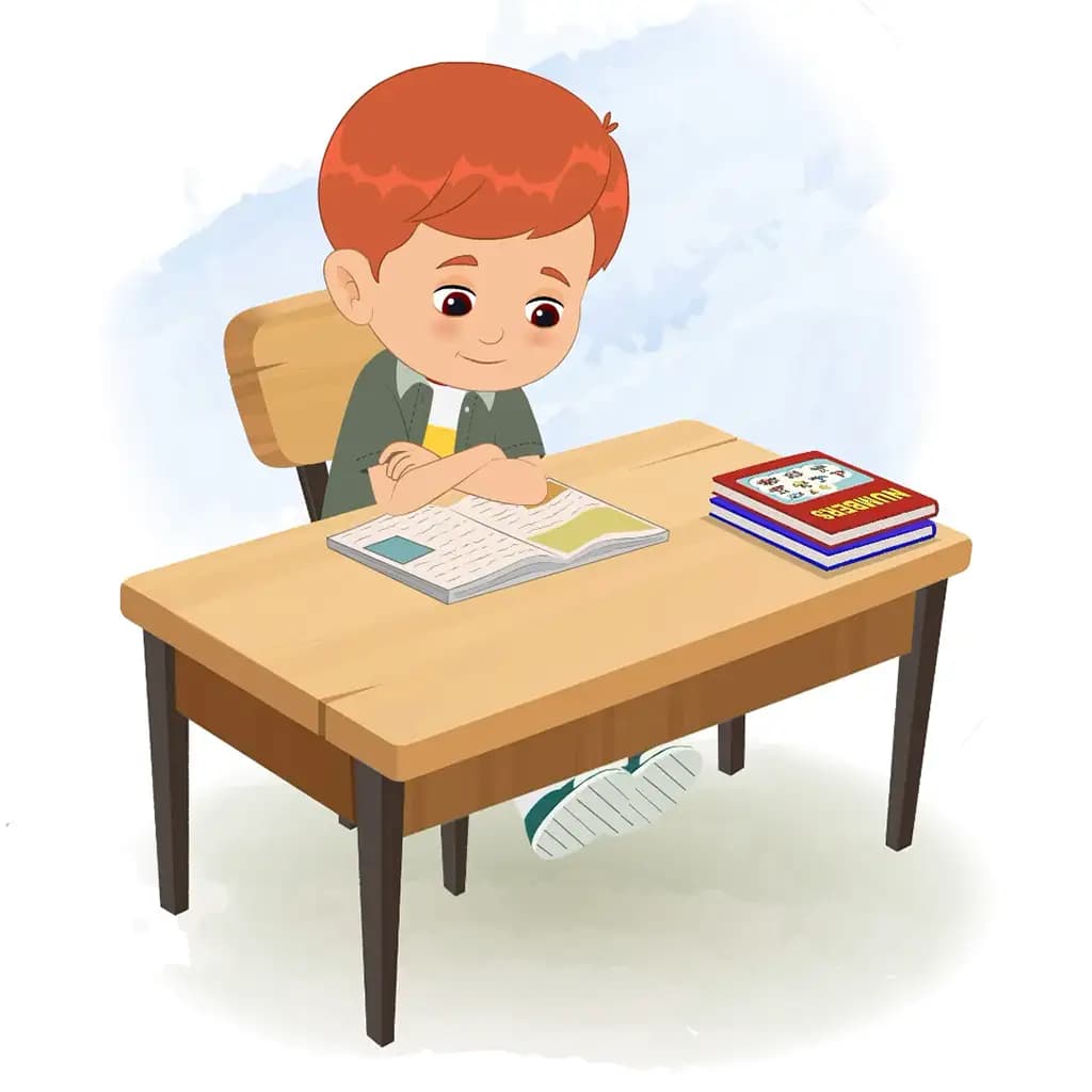 A little boy reading a book and sitting on the table animated cartoon character aka max
