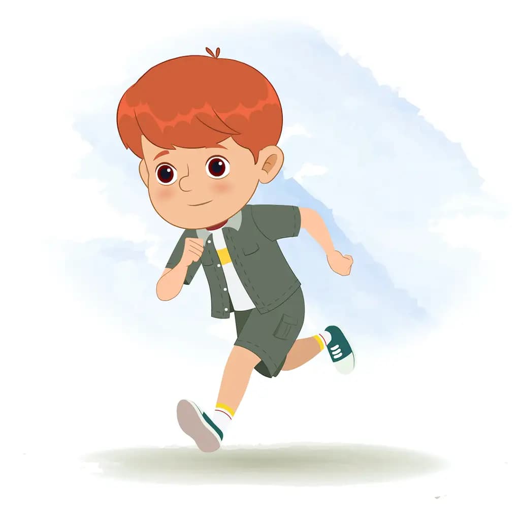 A little boy running three quarter view animated cartoon character.A cool little boy in three quater view running cartoon aka max