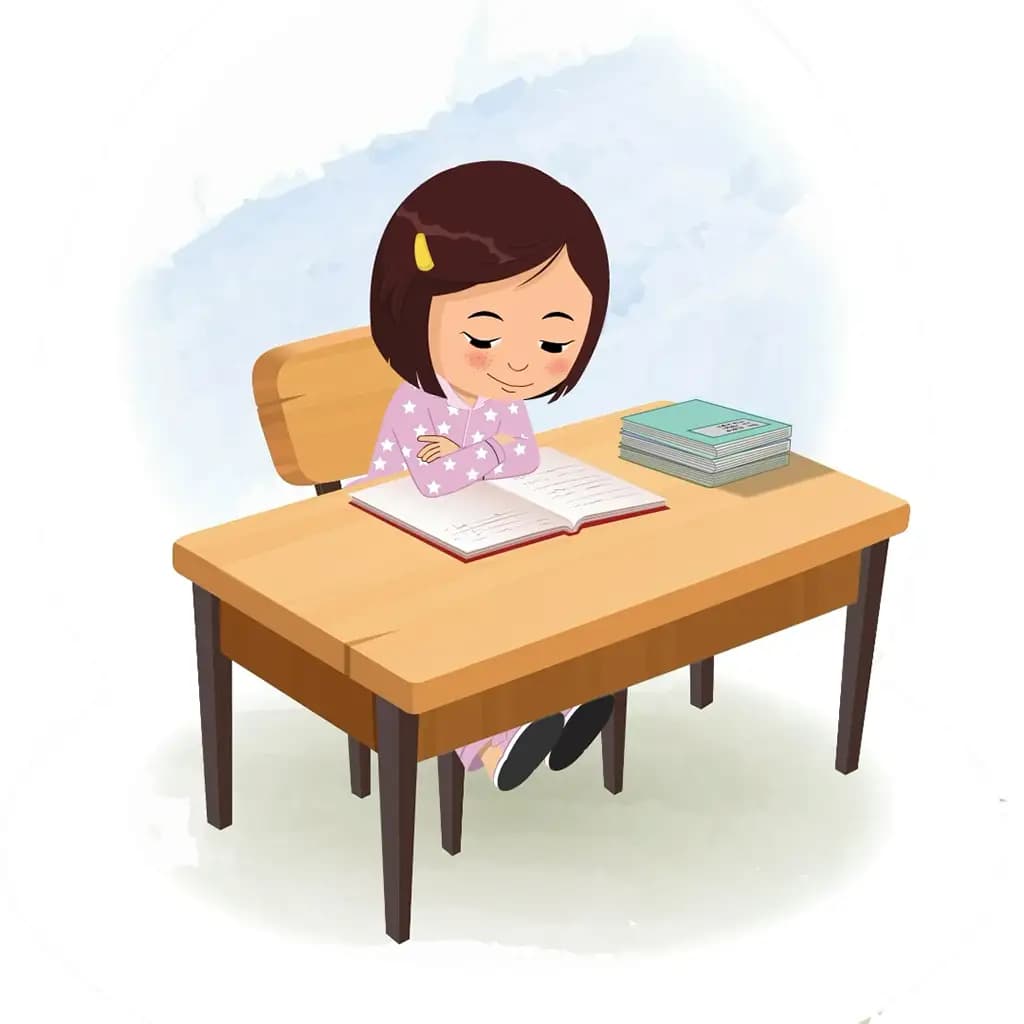 A cute girl reading a book and sitting on the table animated cartoon character aka misti