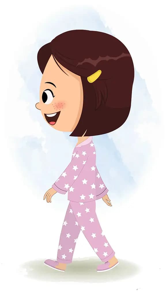 A cute girl walking side view animated cartoon character aka misti