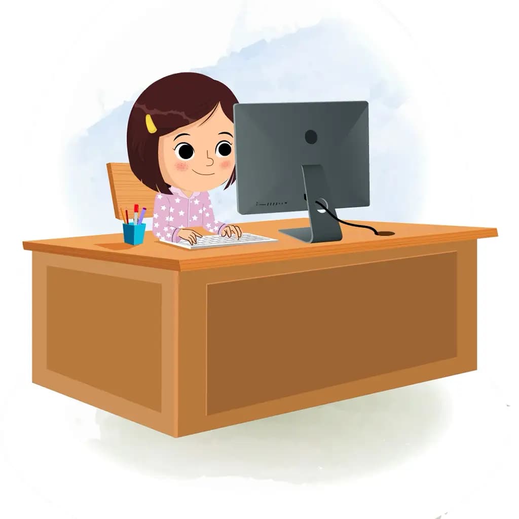 A cute girl animated cartoon character working on a computer aka misti