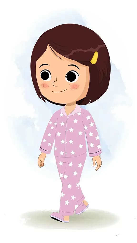 A cute girl 3/4 front view/three quarter view walking animated cartoon character aka misti 3/4