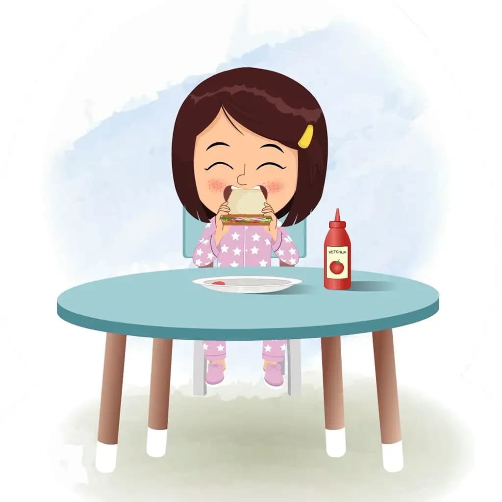 A cute girl animated cartoon character sitting at a table and eating a sandwich aka misti