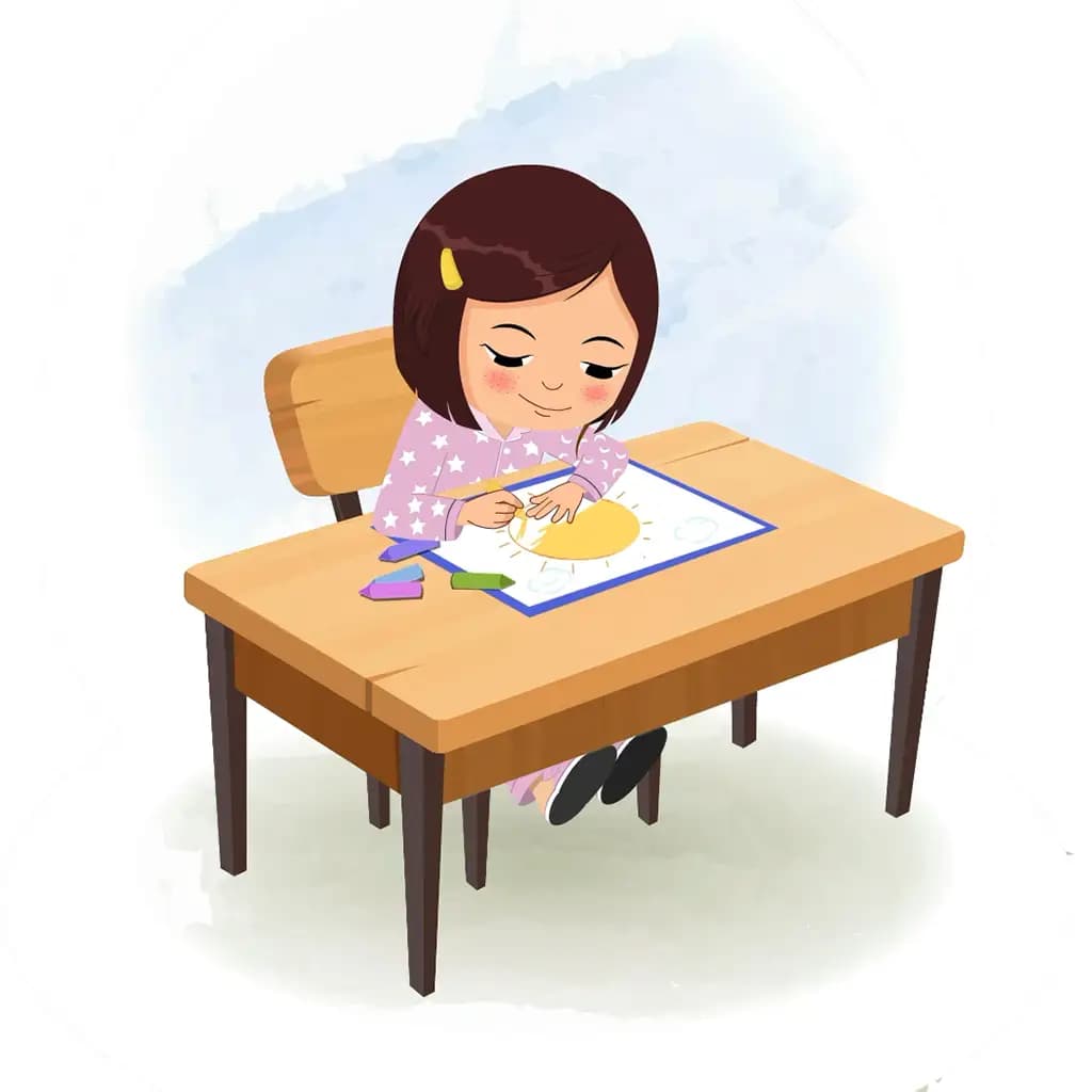 A cute girl is sitting at a table with some crayons and coloring on the paper aka misti