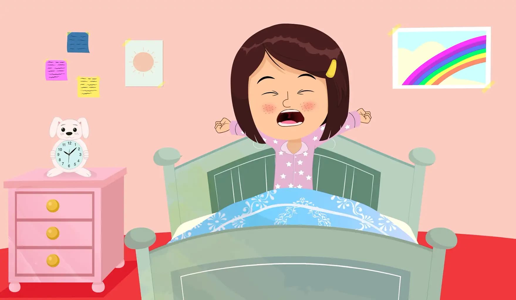 A cute girl animated cartoon character wake up in morning aka misti