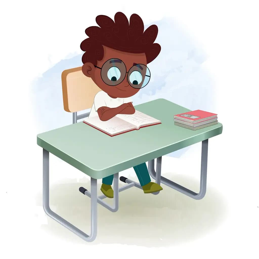 A black boy reading a book and sitting on the table animated cartoon character aka krish
