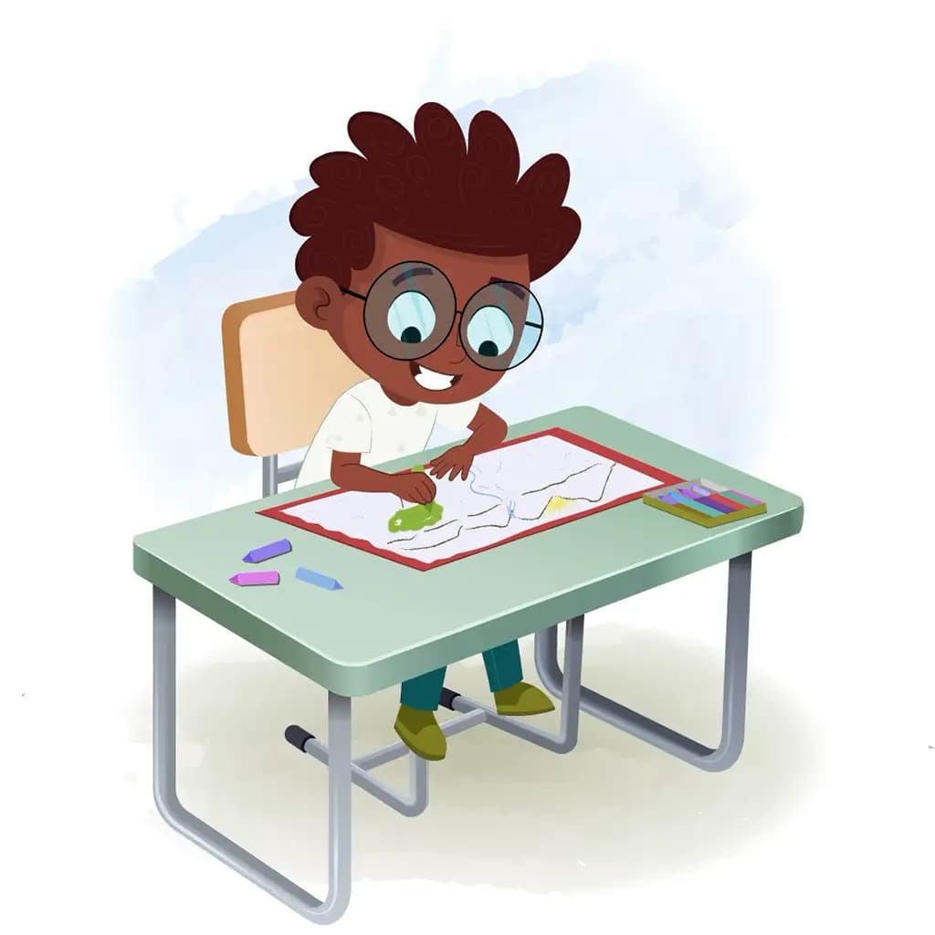 A black boy is sitting at a table with some crayons and colouring on the paper aka krish