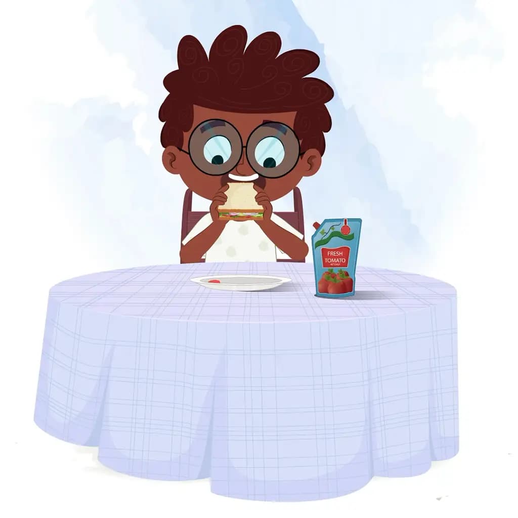 A black boy animated cartoon character sitting at a table and eating a sandwich aka krish