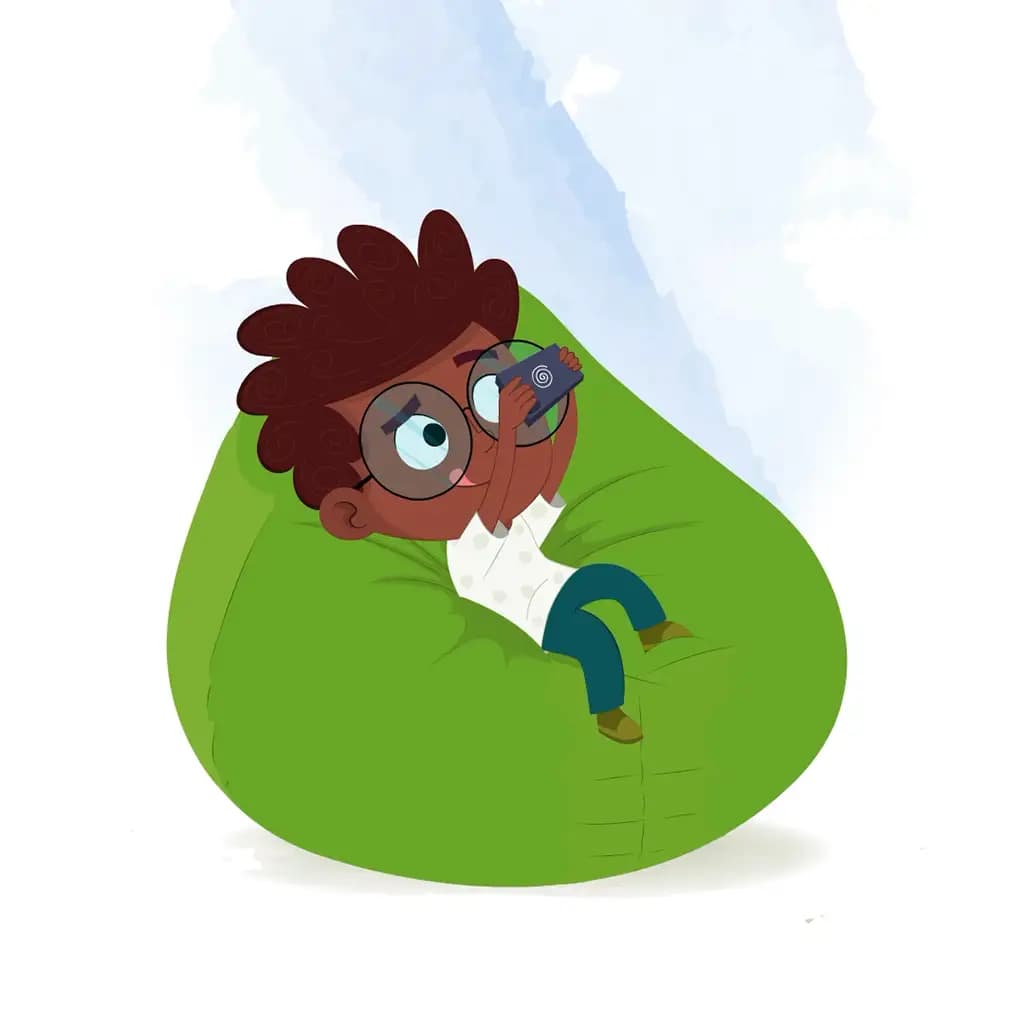 A little boy sitting on beanbag and playing video game animated cartoon character aka krish