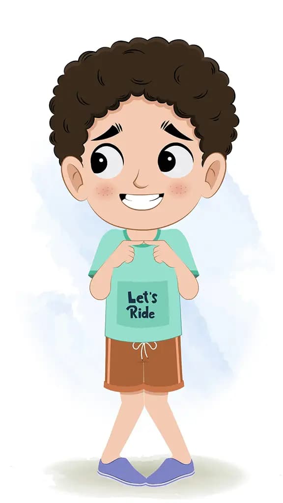 A nervous curly hair boy animated cartoon character aka sachin