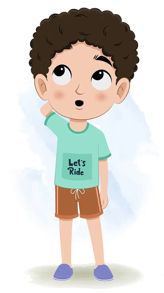 A confused curly hair boy animated cartoon character aka sachin