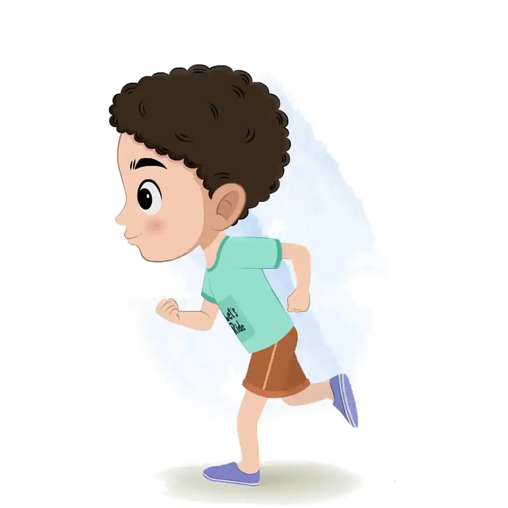 A curly hair boy running fast side view animated cartoon character aka sachin