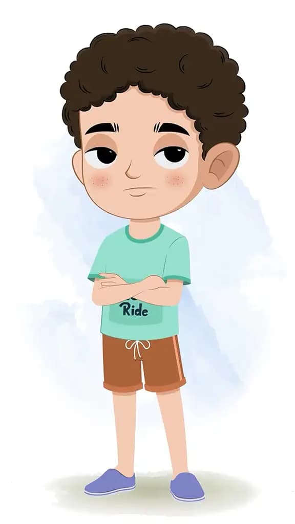 An annoyed curly hair boy animated cartoon character aka sachin 3/4