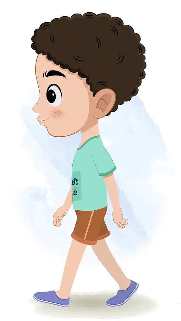 A curly hair boy walking side view animated cartoon character aka sachin