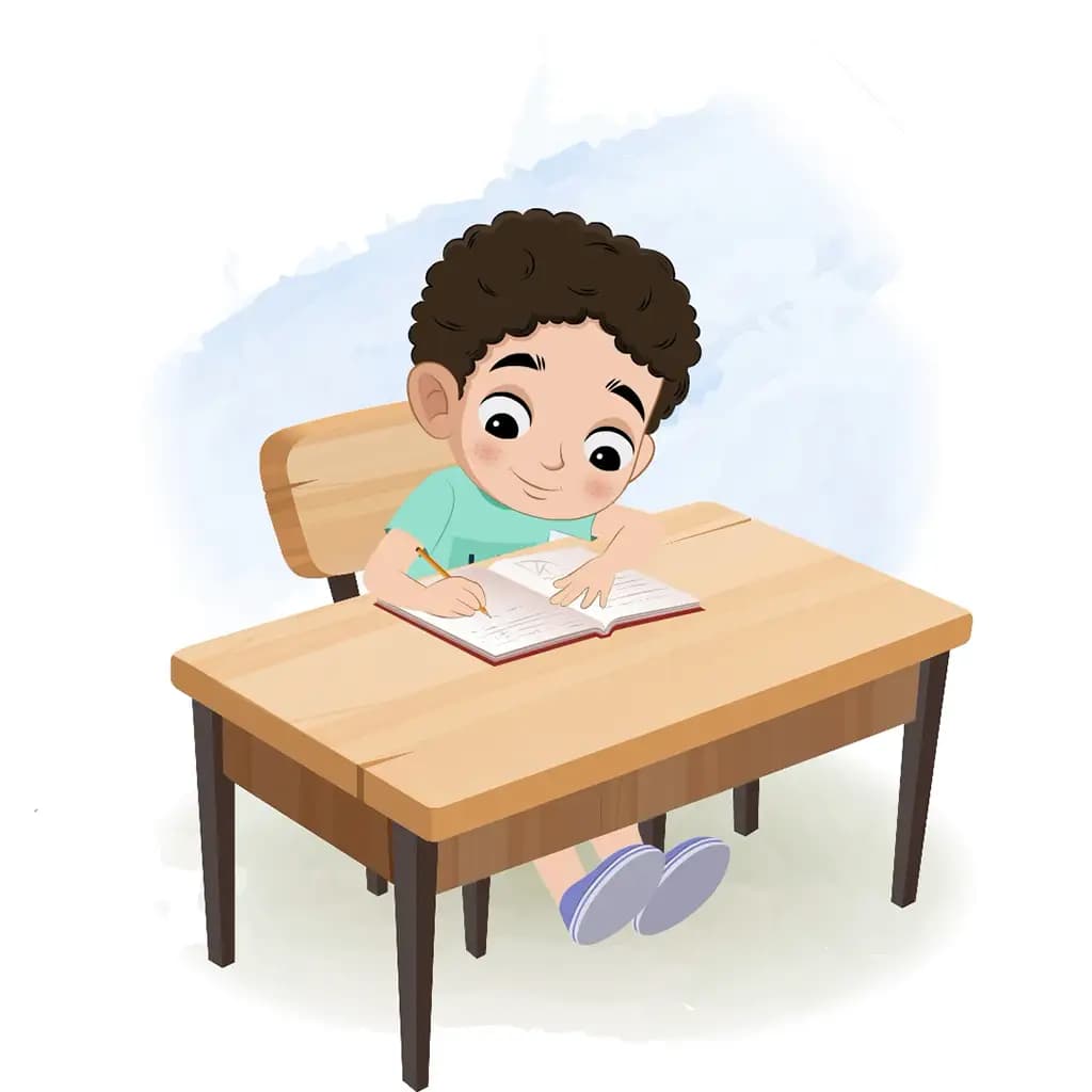 A curly hair boy doing homework and sitting on the table animated cartoon character aka sachin