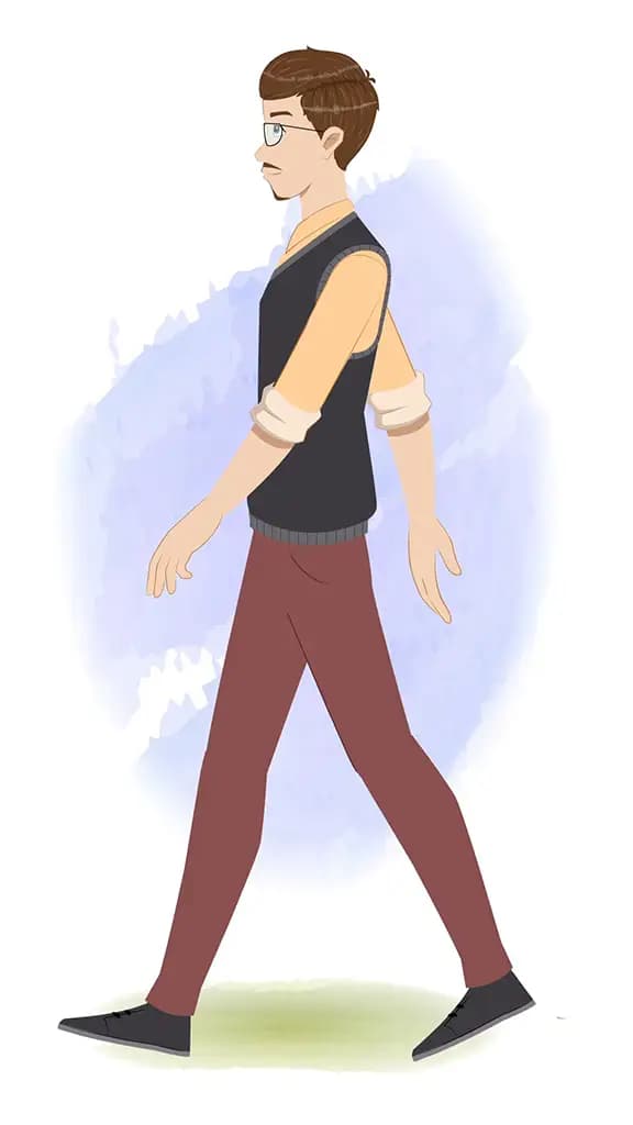 A male teacher walking side view animated cartoon character aka Mr John