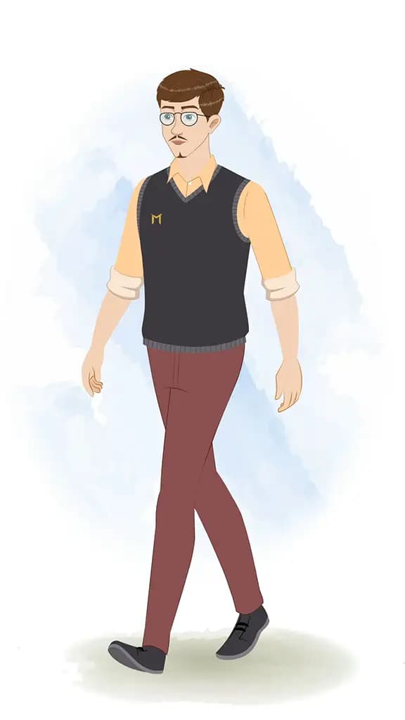 A male teacher 3/4 front view/three quarter view walking animated cartoon character aka Mr John 3/4