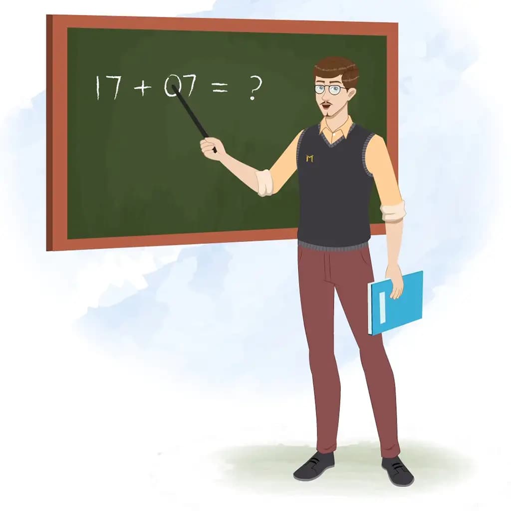 A male teacher teaching on white board animated cartoon character aka mr john