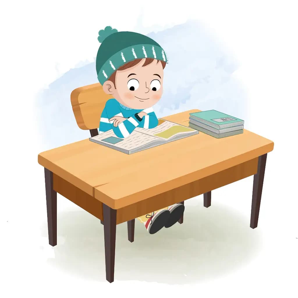 A little boy reading a book and sitting on the table animated cartoon character aka ari
