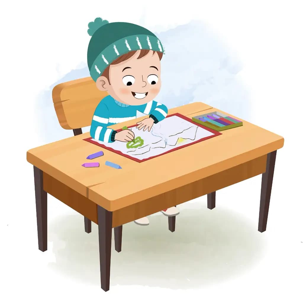 A little boy is sitting at a table with some crayons and colouring on the paper aka ari