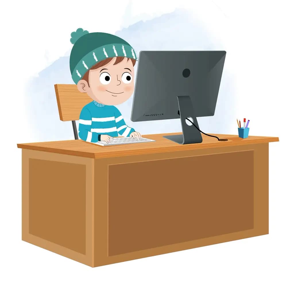 A little boy animated cartoon character working on a computer aka ari