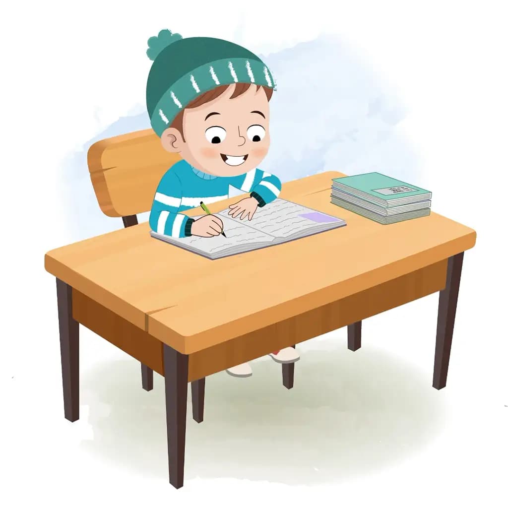 A little boy doing homework and sitting on the table animated cartoon character aka ari